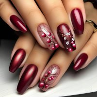 NA088 - Dark Red Flower Manicure Nails